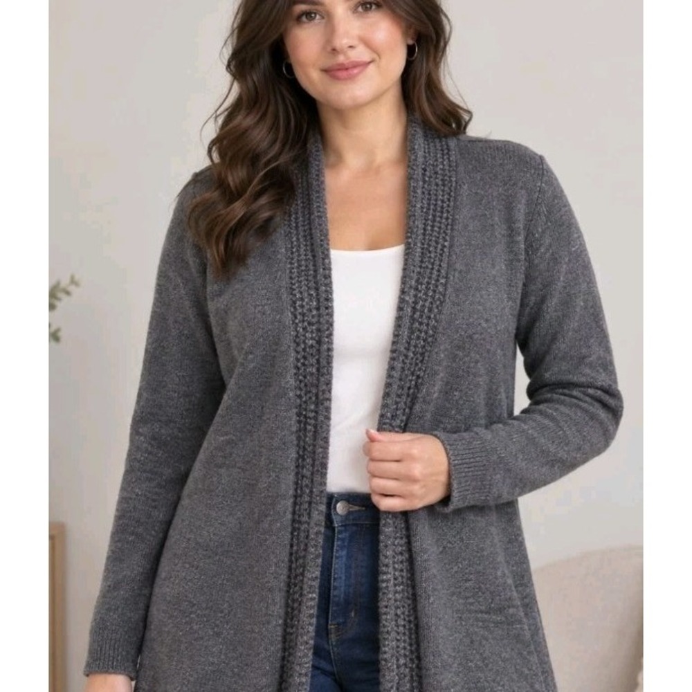 Ann Taylor Gray Open Front Cardigan Sweater Women's Size Medium 100% Merino Wool